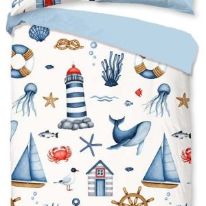 Modré/krémové bavlněné dětské povlečení do postýlky 100x135 cm Ahoy – Good Morning