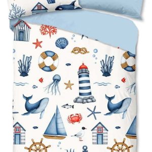 Modré/krémové bavlněné dětské povlečení na jednolůžko 140x200 cm Ahoy – Good Morning