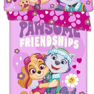 Růžové bavlněné dětské povlečení do postýlky 100x135 cm Paw Patrol "Pawsome friendships grow" – Jerry Fabrics