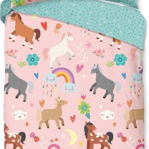 Růžové/tyrkysové bavlněné dětské povlečení na jednolůžko/prodloužené 140x220 cm Horses – Good Morning