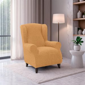 Super strečové potahy RUBINIA zlatá křeslo ušák (š. 70 - 95 cm)