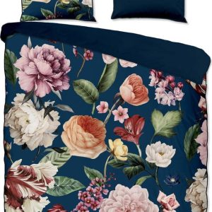 Tmavě modré povlečení na jednolůžko/prodloužené z bavlněného saténu 140x220 cm Fiori – Descanso