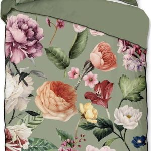 Zelené povlečení na jednolůžko/prodloužené z bavlněného saténu 140x220 cm Fiori – Descanso