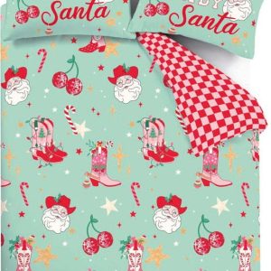 Zelené/růžové povlečení na dvoulůžko/prodloužené 230x220 cm Santa's Howdy Christmas – Catherine Lansfield