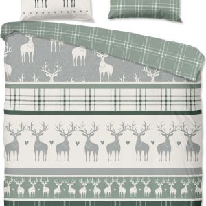 Zeleno-krémové prodloužené flanelové povlečení na dvoulůžko 200x220 cm Bjirk – Good Morning