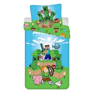 Zeleno-modré bavlněné dětské povlečení na jednolůžko 140x200 cm Minecraft "Outdoor Mobs" – Jerry Fabrics