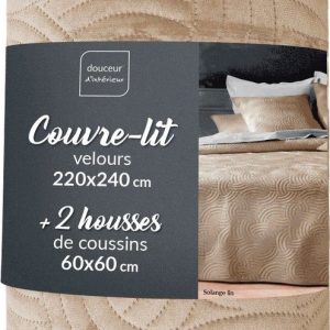 Béžový sametový set přehozu a povlaku na polštář 220x240 cm Solange – douceur d'intérieur