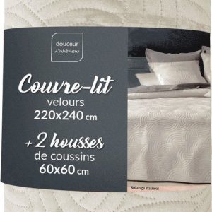 Krémový sametový set přehozu a povlaku na polštář 220x240 cm Solange – douceur d'intérieur