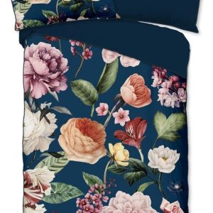 Tmavě modré povlečení na jednolůžko/prodloužené z bavlněného saténu 140x220 cm Fiori – Descanso