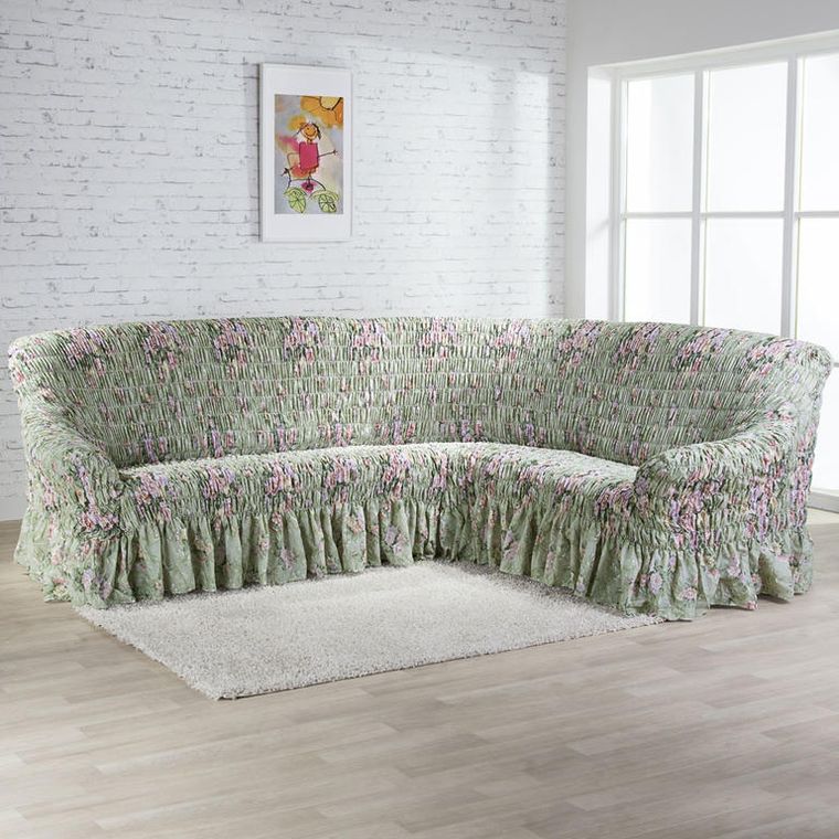 Napínací potahy s volánem FIORELA zelená rohová sedačka (š. 350 - 530 cm) - Obrázek 3