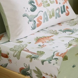 Krémové napínací flanelové dětské prostěradlo na jednolůžko 90x190 cm Brushed Sleepy Saurus Dino – Catherine Lansfield