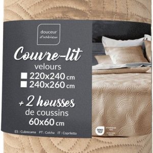 Béžový sametový set přehozu a povlaku na polštář 240x260 cm Solange – douceur d'intérieur
