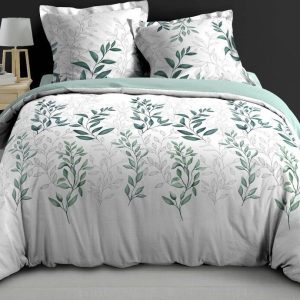 Bílé/zelené povlečení na dvoulůžko/prodloužené z bavlněného perkálu 240x220 cm Wendy – douceur d'intérieur