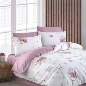 Bílo-růžové 3dílné prodloužené povlečení na jednolůžko s prostěradlem 160x220 cm Floral – Mila Home