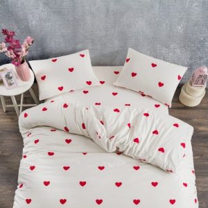 Krémové 4dílné prodloužené povlečení na dvoulůžko z bavlny Renforcé s prostěradlem 200x220 cm Mini Hearts – Mila Home