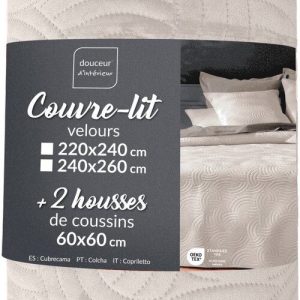 Krémový sametový set přehozu a povlaku na polštář 240x260 cm Solange – douceur d'intérieur