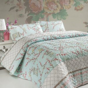 Prošívaný set přehozu a povlaků na polštář v mentolové barvě 240x220 cm Birdcage – Mijolnir