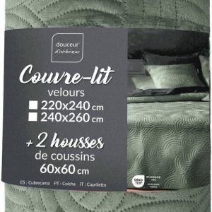 Zelený sametový set přehozu a povlaku na polštář 240x260 cm Solange – douceur d'intérieur